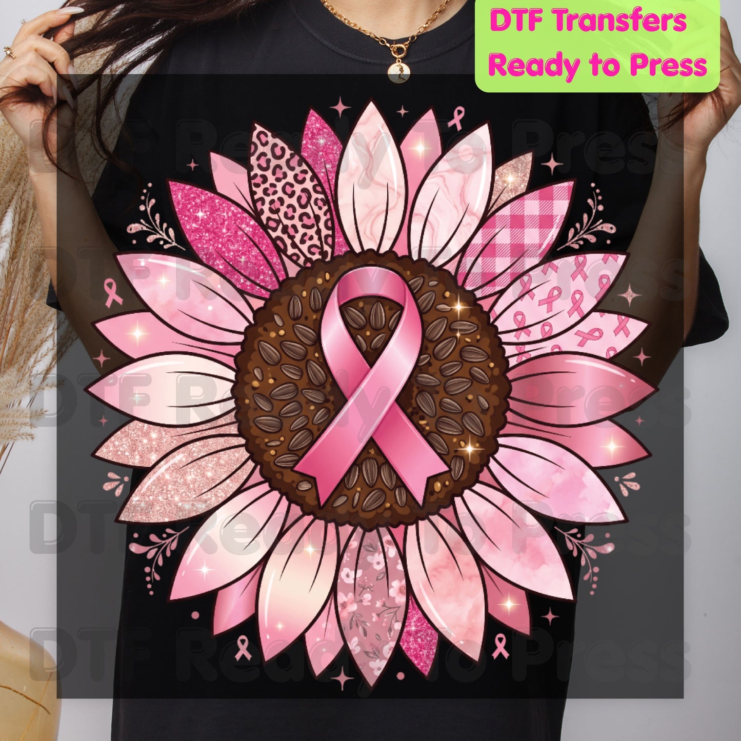 Pink Sunflower Breast Cancer Awareness DTF Transfer Ready to Press Heat Transfer Ribbon Tee