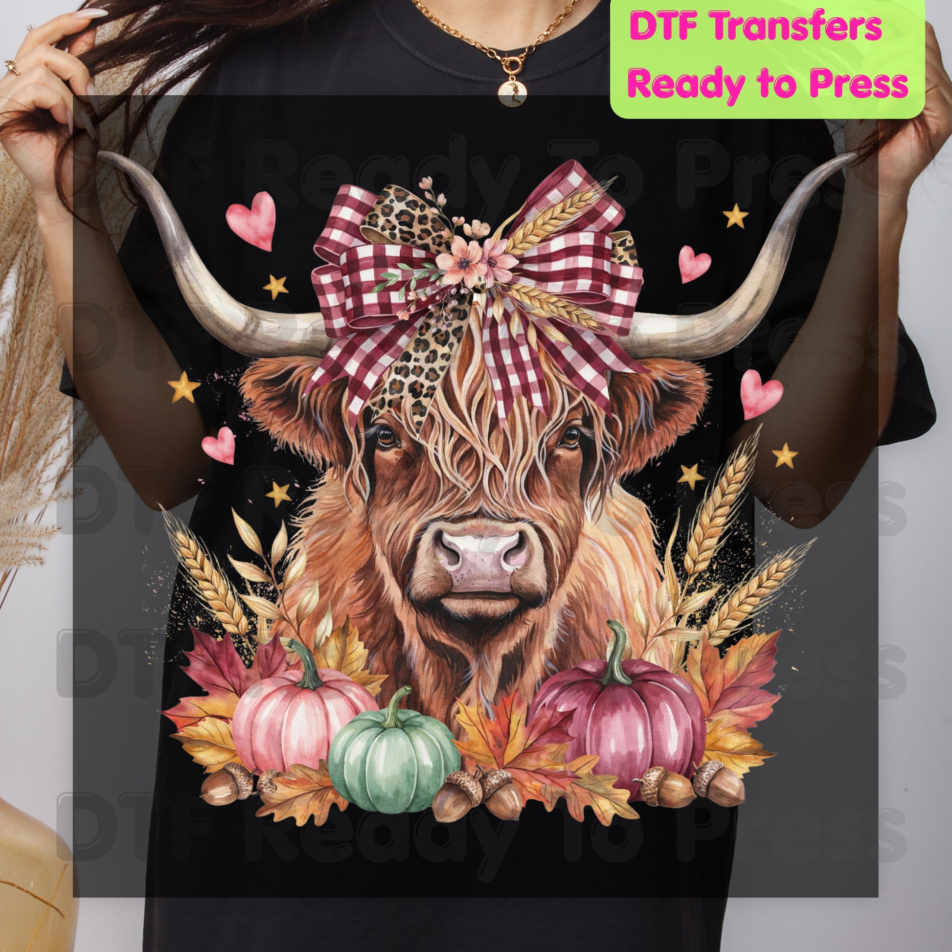 Fall Highland Cow DTF Transfer Ready to Press Plaid Leopard Bow Pumpkins Heat Transfer Shirts Autumn Vibe Graphic Press