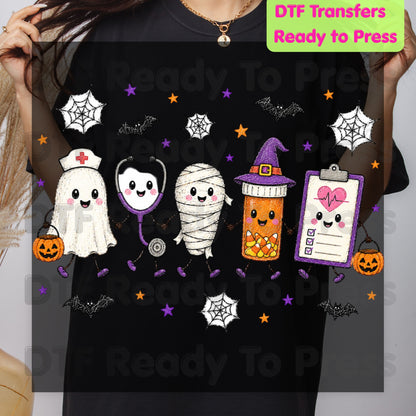 Spooky Nurse Squad DTF Transfers, Halloween Medical Characters Ghost Stethoscope Pill Bottle Ready to Press