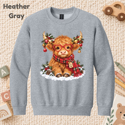 Christmas Highland Cow T-Shirt, Heart Glasses and Scarf Graphic Tee, Cute Holiday Shirt