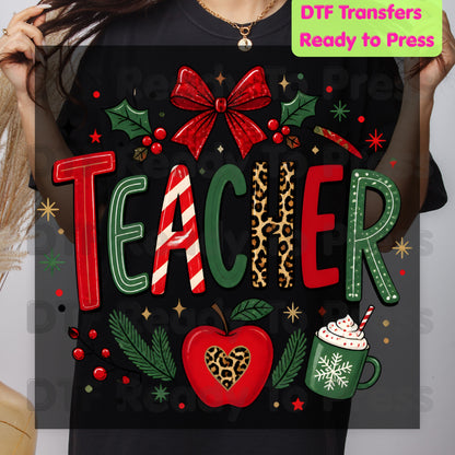 Christmas Teacher DTF Transfers, School Red Bow Apple Cocoa Leopard Holiday Ready to Press