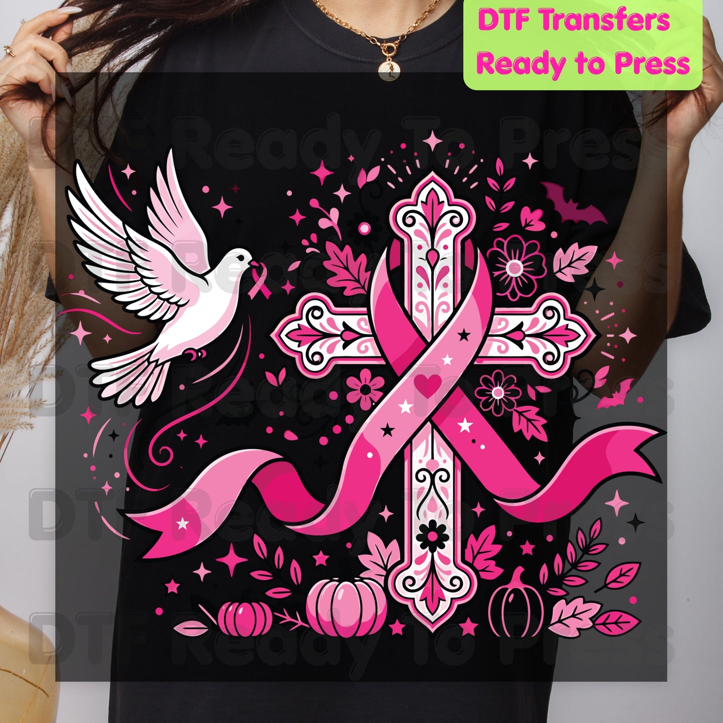 Pink Cross Dove Breast Cancer Awareness DTF Transfer Ready to Press Faith Heat Transfer Tee