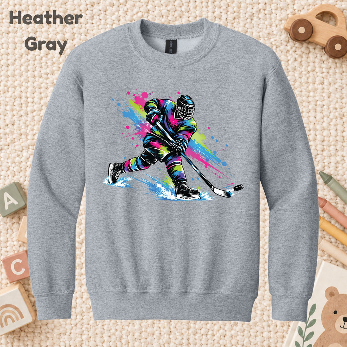 Hockey T-Shirt, Colorful Ice Hockey Player with Paint Splatter Graphic Tee, Ice Hockey Sports Shirt