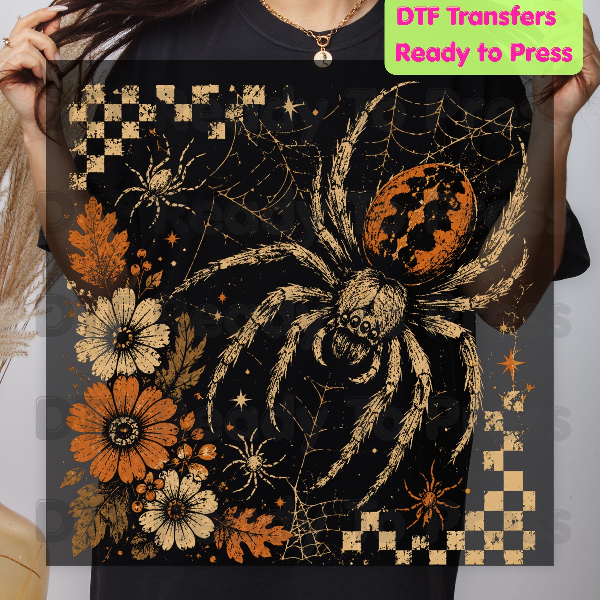 Vintage Fall Halloween Spider DTF Transfers, Floral Spiderweb Checkered Spooky Season Ready to Press