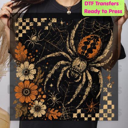 Vintage Fall Halloween Spider DTF Transfers, Floral Spiderweb Checkered Spooky Season Ready to Press