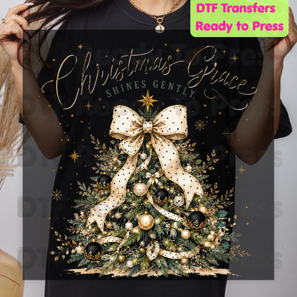 Grace Shines Gently Christmas DTF Transfers, Tree Gold Ribbon Elegant Holiday Ready to Press