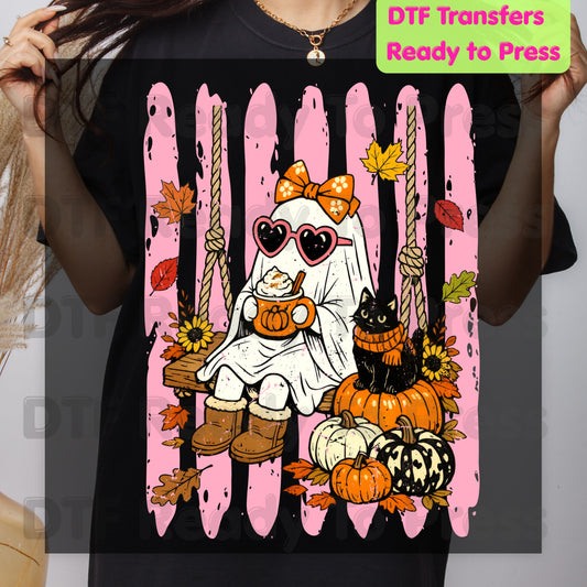Halloween Ghost DTF Transfer Ready to Press Pink Cute Ghost Swing Heat Transfer For Shirts Spooky Vibes Pumpkin Spice Black Cat Autumn