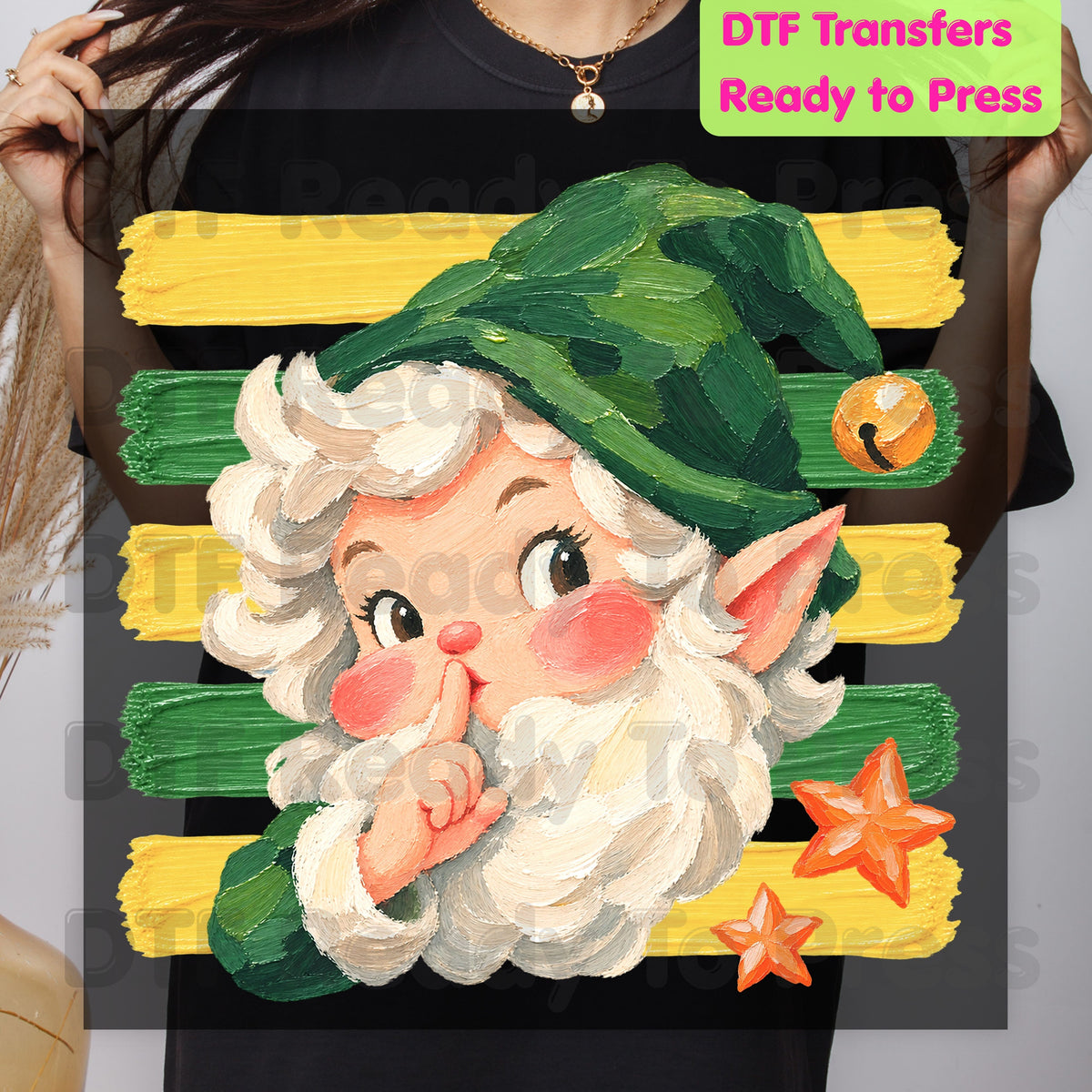 Vintage Shushing Gnome DTF Transfers, Elf Yellow Green Stripes Cute Christmas Holiday Ready to Press