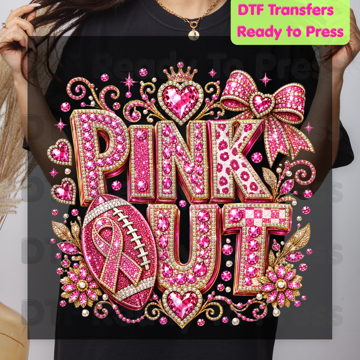 Pink Out DTF Transfers, Breast Cancer Awareness Glitter Football Pink Diamond Ribbon Crown Ready to Press