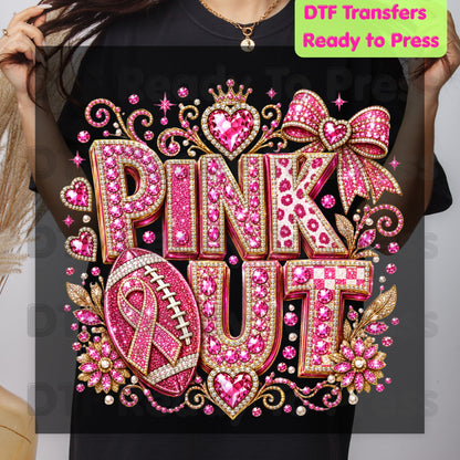 Pink Out DTF Transfers, Breast Cancer Awareness Glitter Football Pink Diamond Ribbon Crown Ready to Press