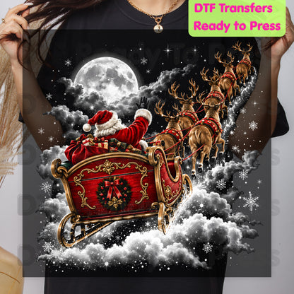 Santa Sleigh DTF Transfers, Flying Night Full Moon Vintage Reindeer Christmas Ready to Press