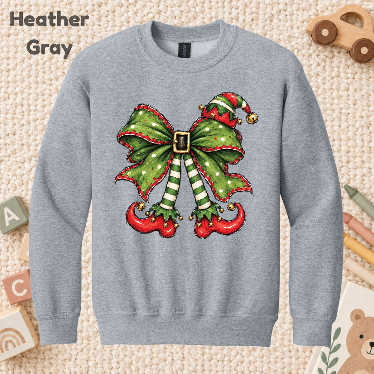 Christmas Elf T-Shirt, Green Bow Striped Legs Tee, Cute Holiday Sweatshirt