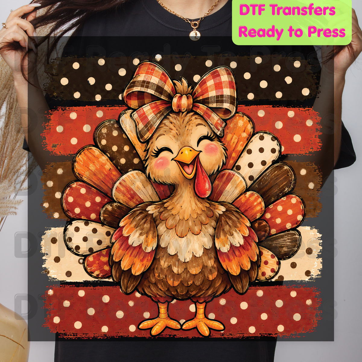 Thanksgiving DTF Transfer, Cute Turkey Bow, Polka Dot Stripes