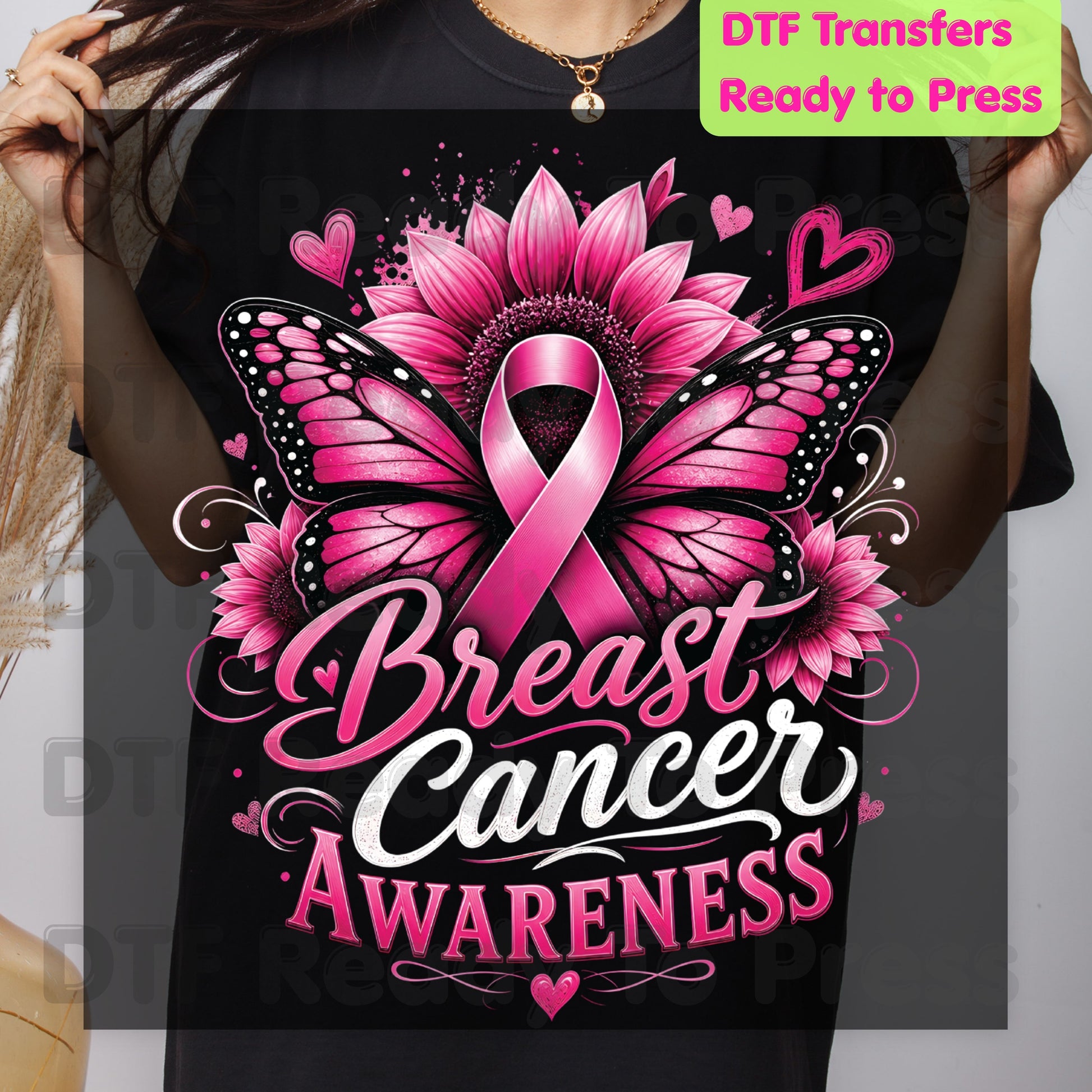 Breast Cancer Awareness Pink Butterfly Sunflower DTF Transfer Ready to Press Heat Transfer Tees