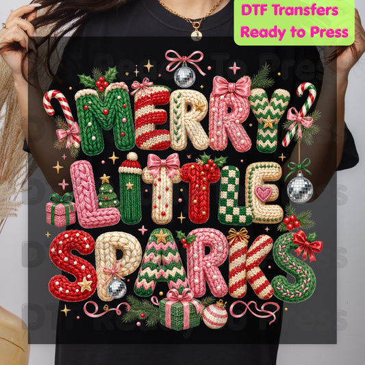Merry Little Sparks DTF Transfers, Christmas Cable Knit Bow Disco Holiday Ready to Press