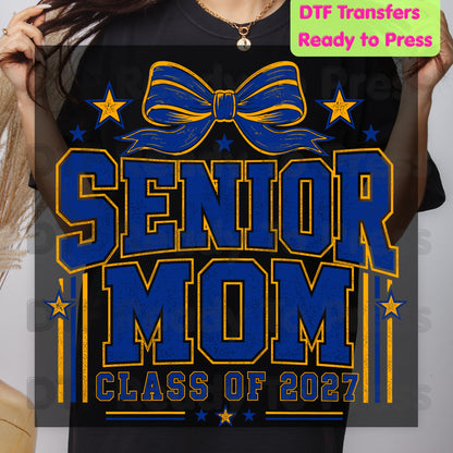 Senior Mom 2027 DTF Transfers, Royal Blue Yellow Cheer Bow Varsity Graduation Mother Ready to Press