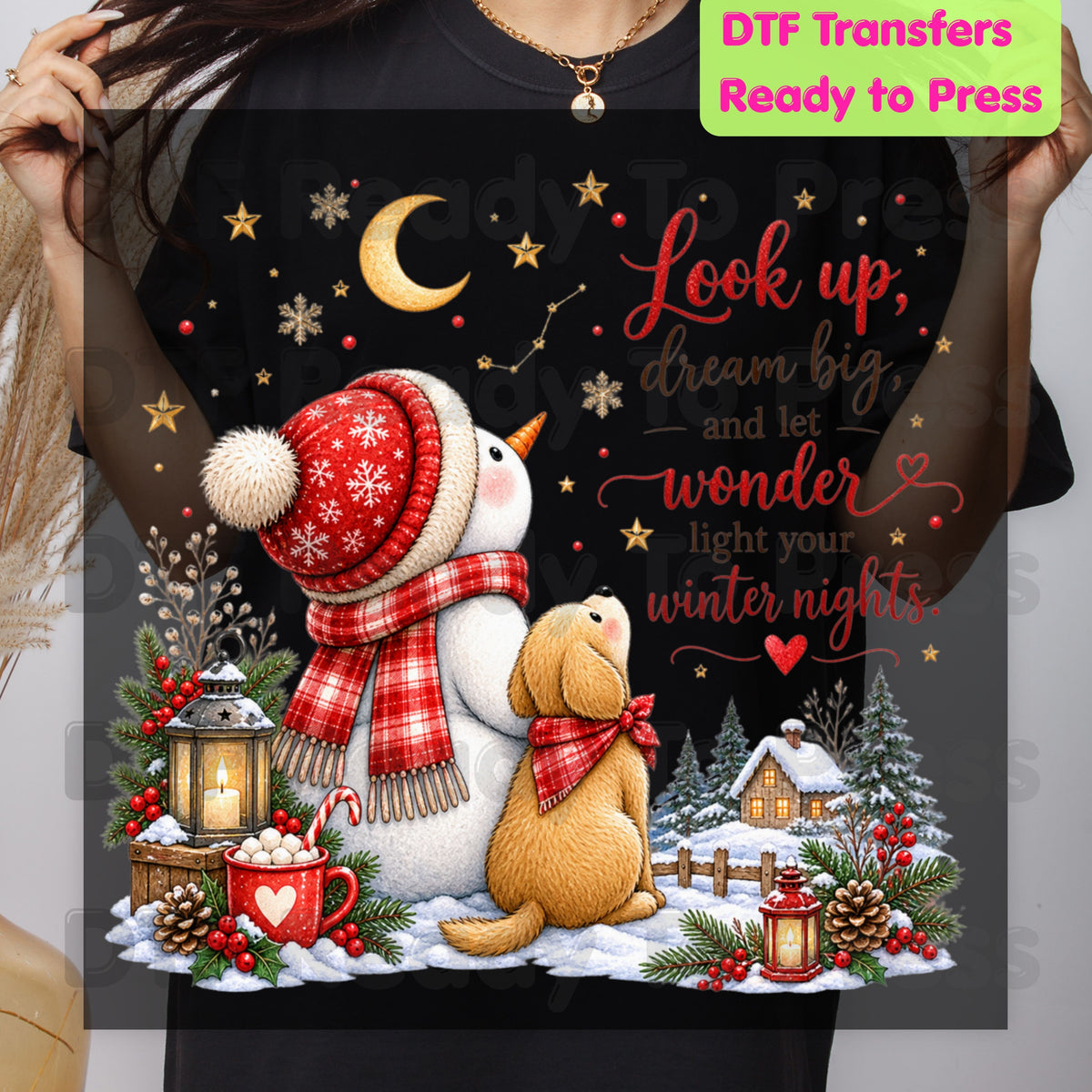 Snowman Dog DTF Transfers, Look Up Dream Big Quote Cute Winter Christmas Ready to Press