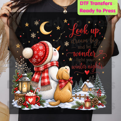 Snowman Dog DTF Transfers, Look Up Dream Big Quote Cute Winter Christmas Ready to Press