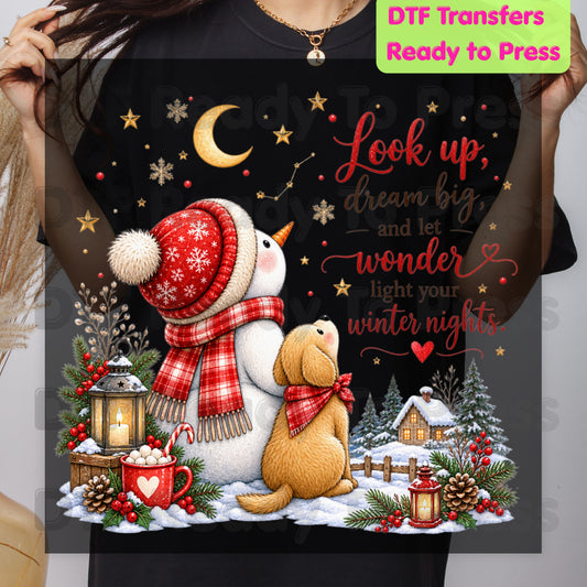 Snowman Dog DTF Transfers, Look Up Dream Big Quote Cute Winter Christmas Ready to Press