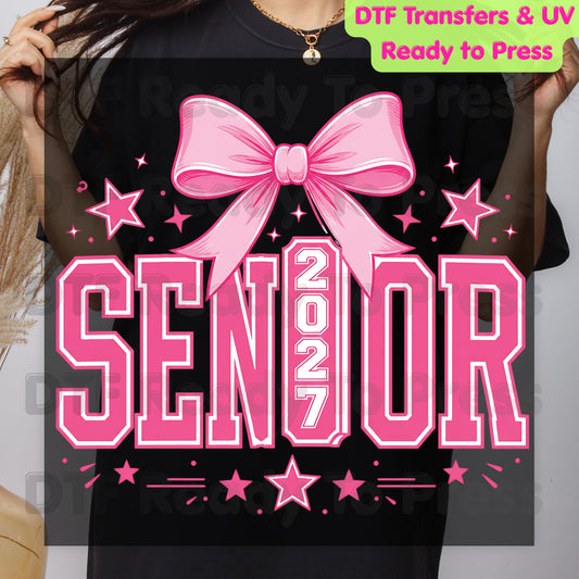 Senior 2027 DTF Transfer Ready to Press Graduation Heat Transfer for Shirts Pink Coquette Bow Varsity Letters Stars Graphic Tee