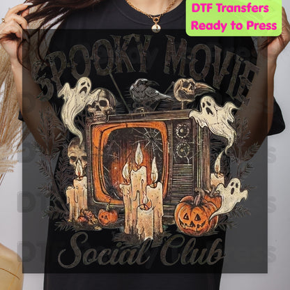 Spooky Movie Social Club DTF Transfers, Vintage Horror TV Ghosts Pumpkin Candles Halloween Ready to Press