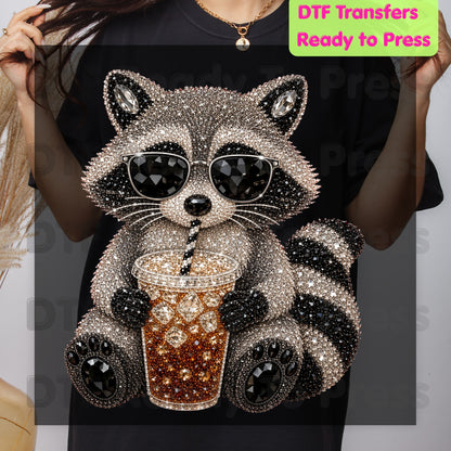Cool Raccoon DTF Transfers, Sunglasses Iced Coffee Trash Panda Rhinestone Ready to Press