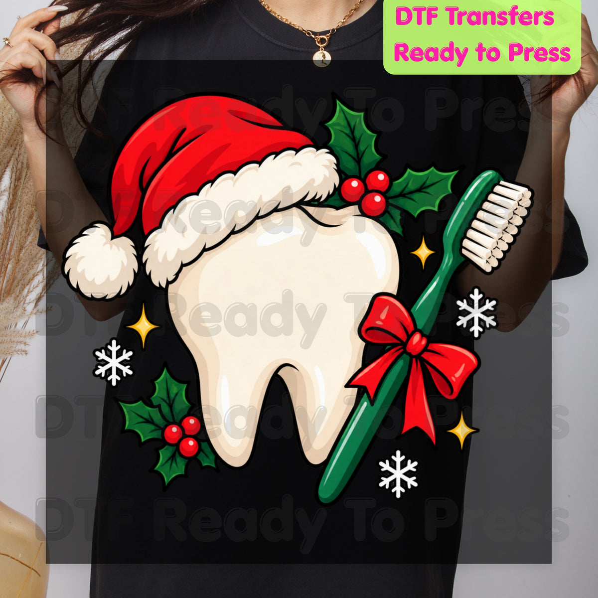 Christmas Tooth Santa Hat DTF Transfers, Dental Holiday Toothbrush Dentist Graphic Ready to Press