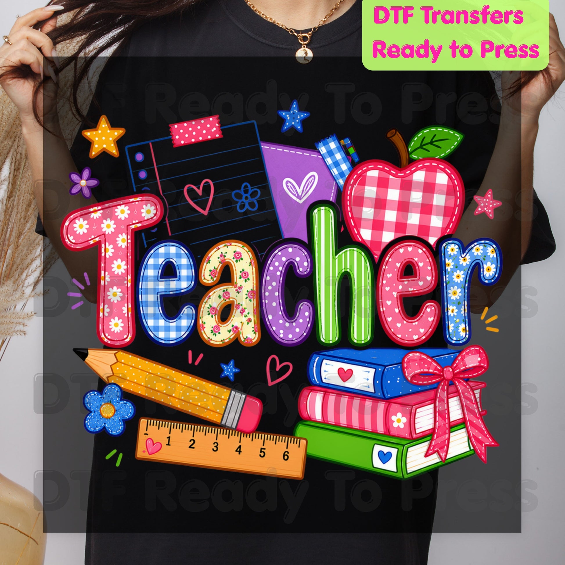 Teacher Apple Books Pencil DTF Transfers, Colorful School Supplies Back to School Ready to Press