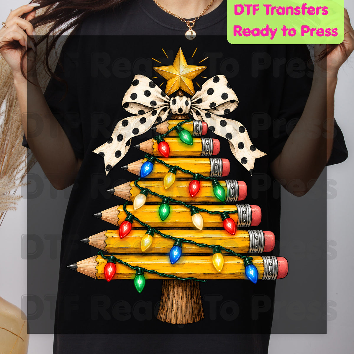 Christmas Teacher Pencil Tree DTF Transfers, School Polka Dot Bow Lights Holiday Ready to Press