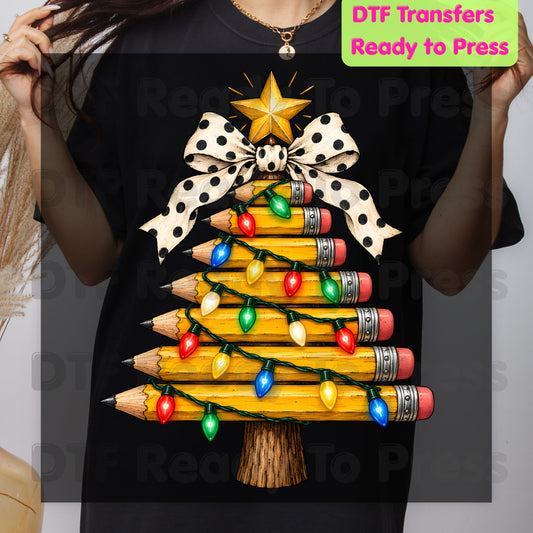Christmas Teacher Pencil Tree DTF Transfers, School Polka Dot Bow Lights Holiday Ready to Press