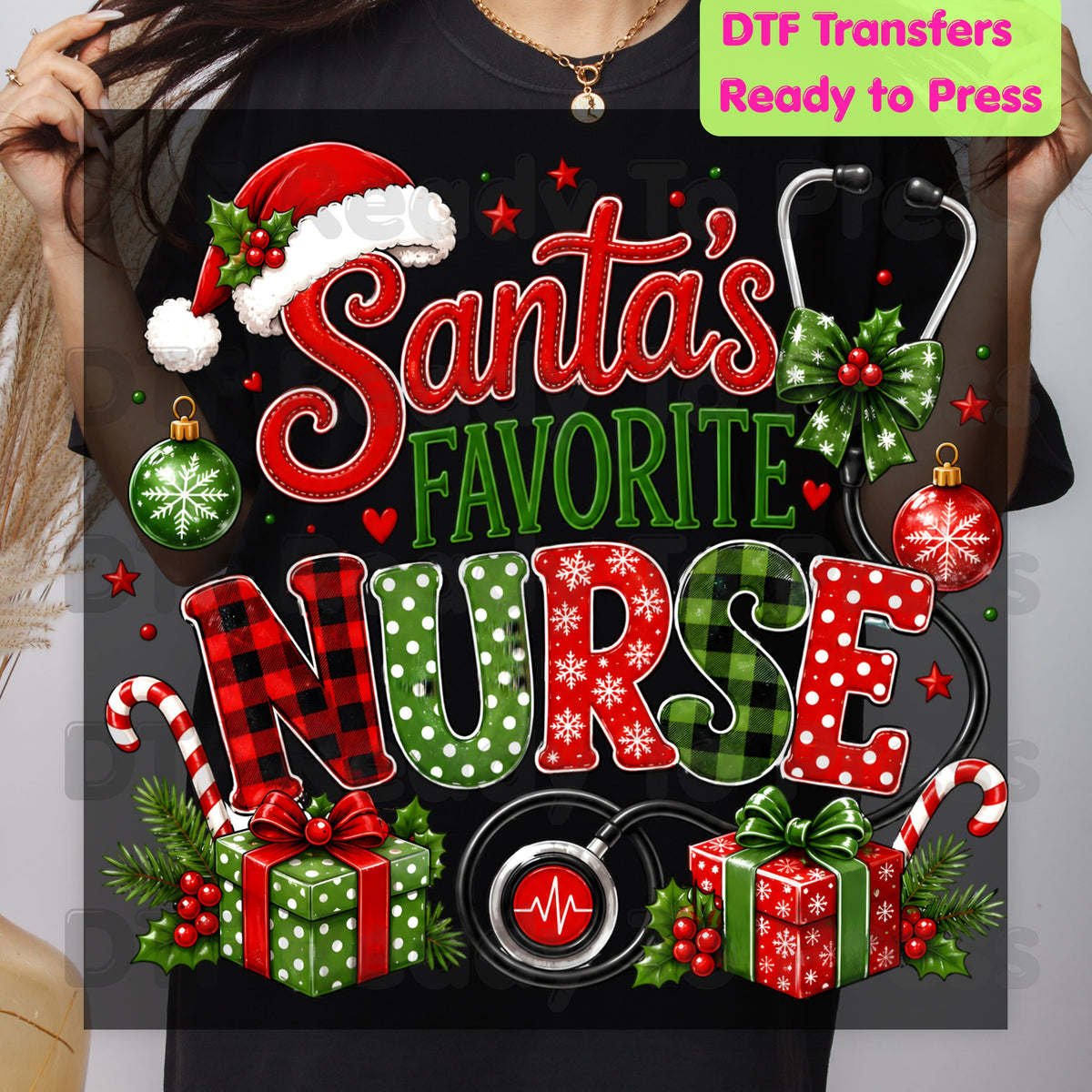 Santa's Favorite Nurse DTF Transfers, Christmas Medical Nursing Stethoscope Holiday Ready to Press