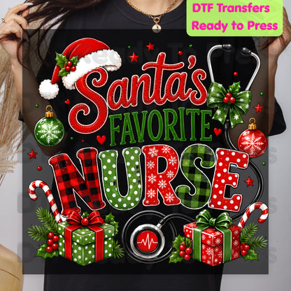 Santa's Favorite Nurse DTF Transfers, Christmas Medical Nursing Stethoscope Holiday Ready to Press