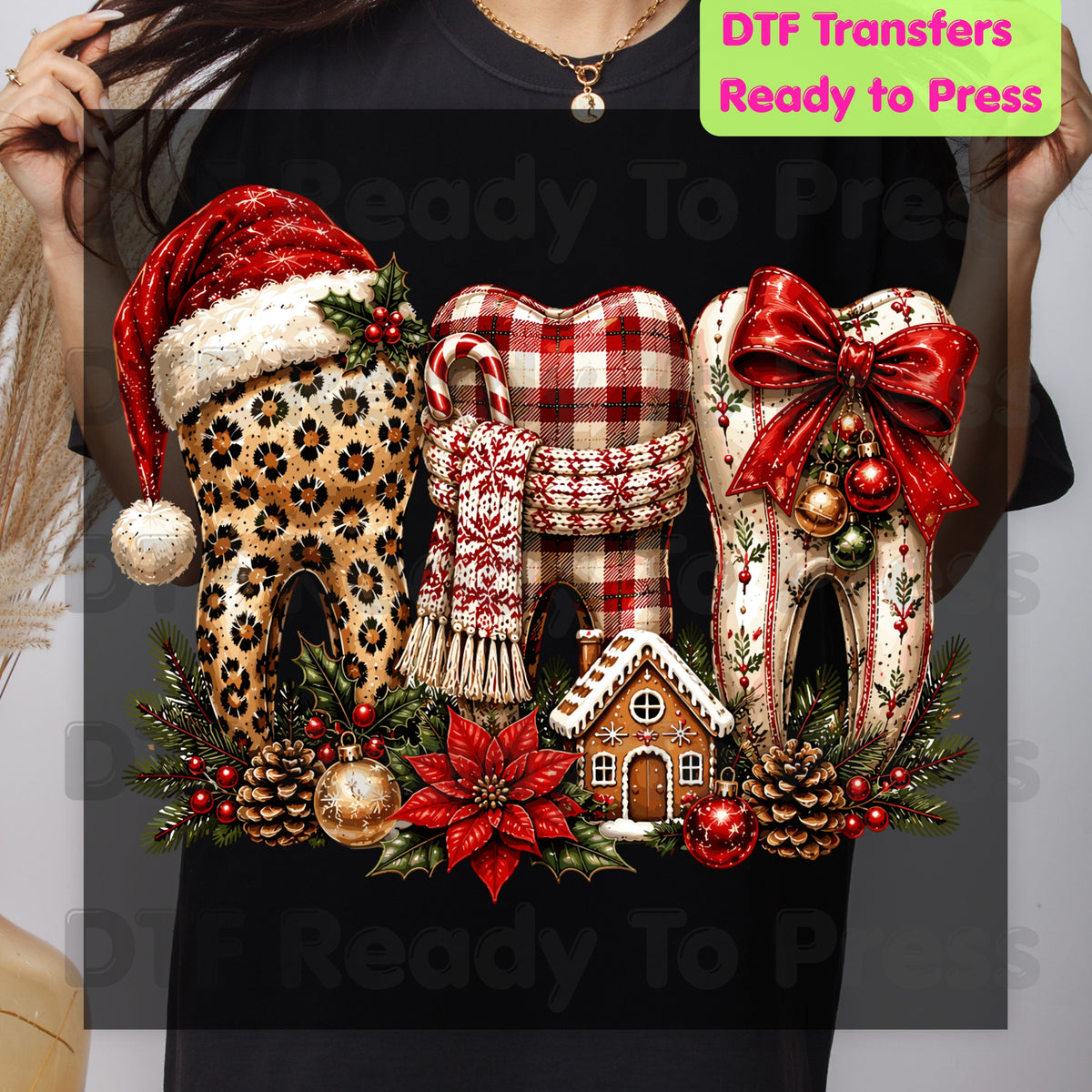 Christmas Dental Teeth DTF Transfers, Dentist Holiday Leopard Plaid Bow Ready to Press