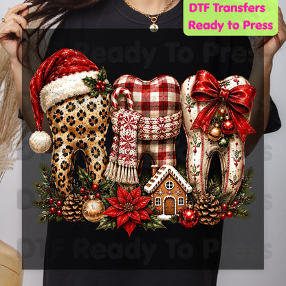 Christmas Dental Teeth DTF Transfers, Dentist Holiday Leopard Plaid Bow Ready to Press
