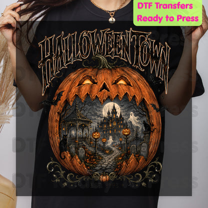 Halloween Town DTF Transfers, Est 1998 Spooky Pumpkin Vintage Haunted House Ready to Press