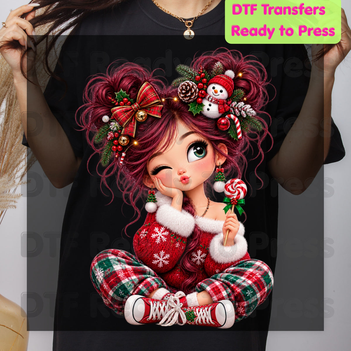 Christmas Girl DTF Transfers, Messy Bun Lollipop Cute Holiday Ready to Press