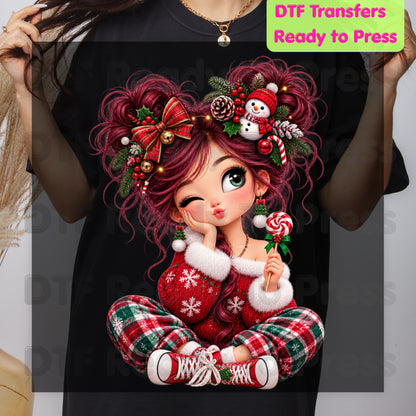 Christmas Girl DTF Transfers, Messy Bun Lollipop Cute Holiday Ready to Press