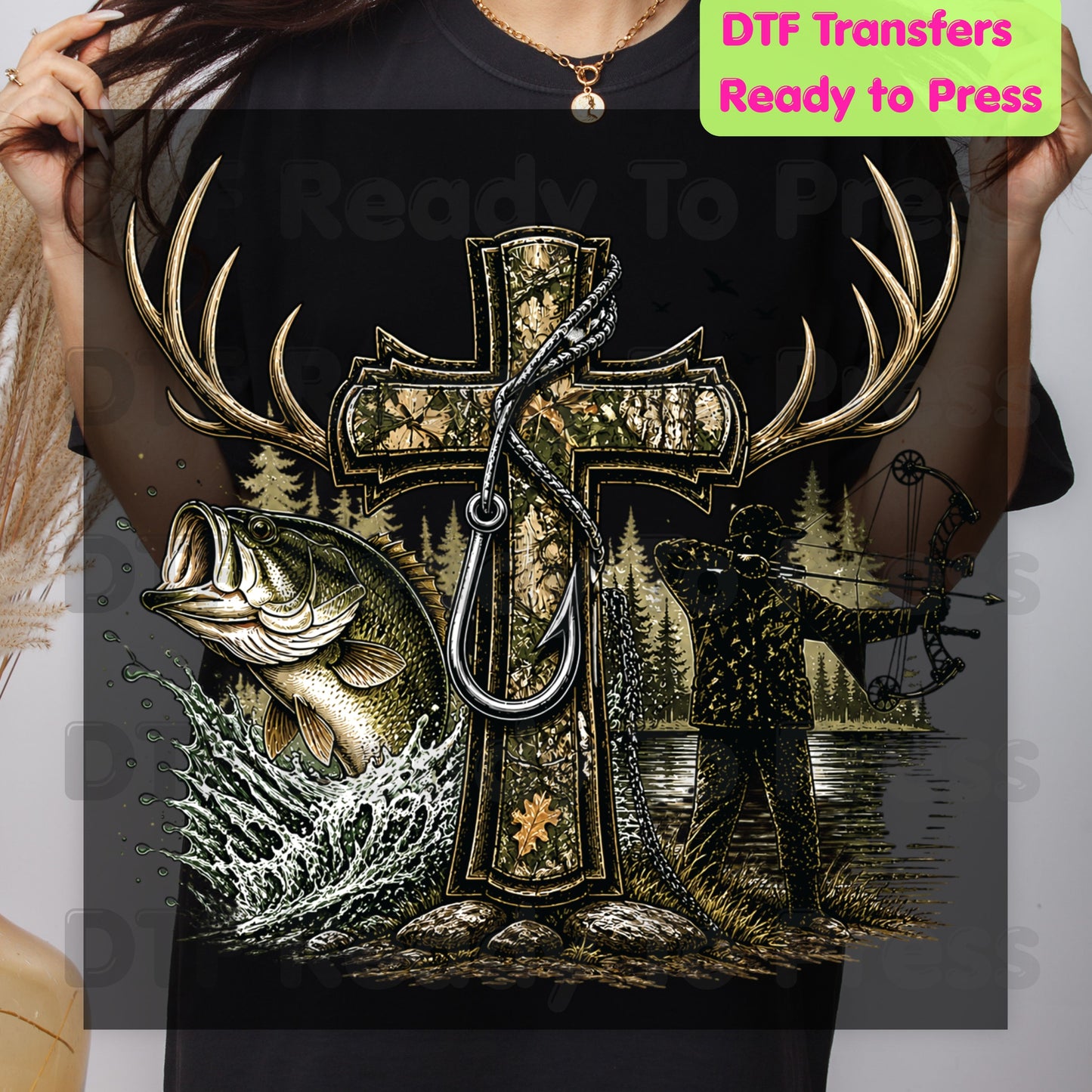 Camo Cross Religious Fishing Hunter DTF Transfer
