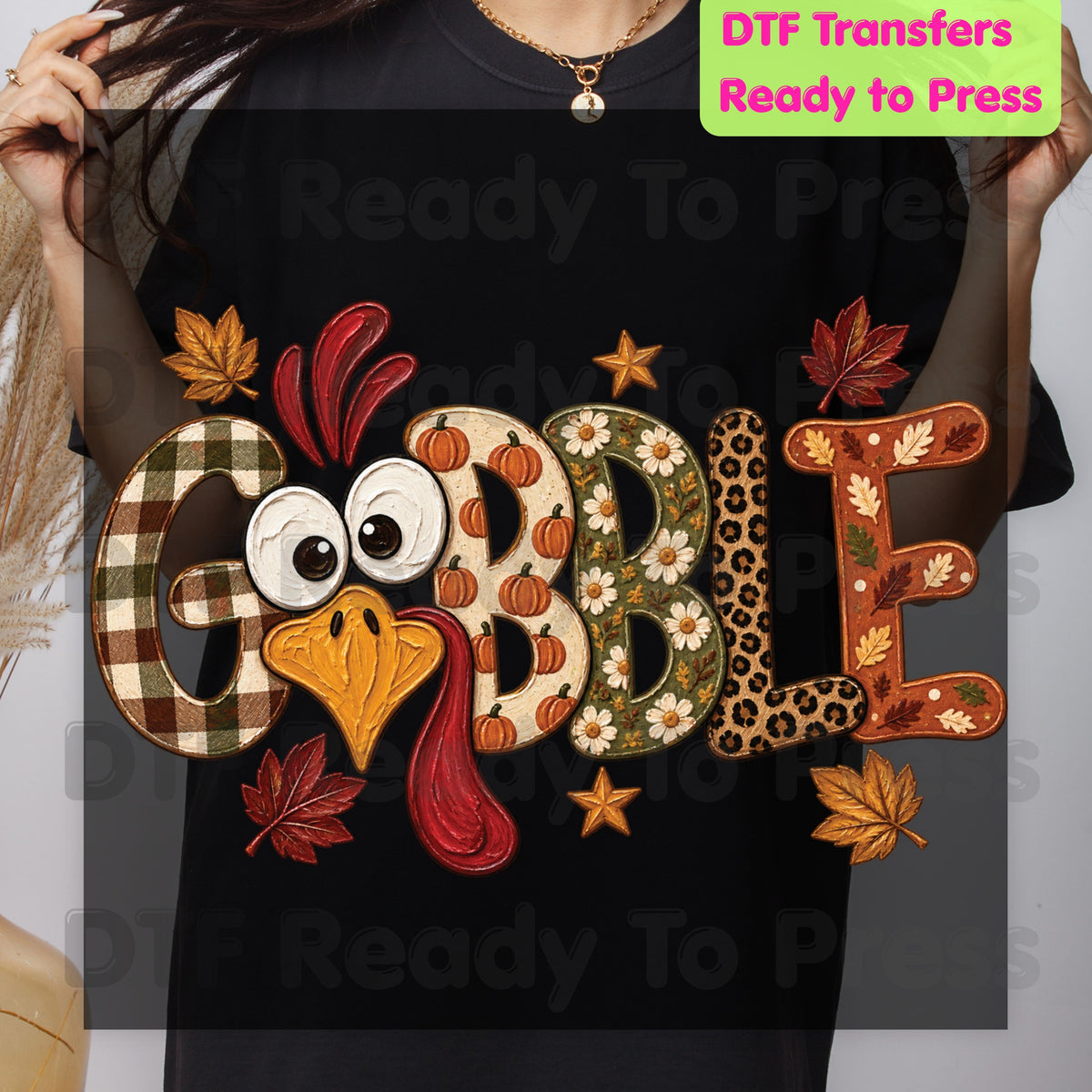 Thanksgiving DTF Transfer, Gobble Turkey Face, Plaid Leopard