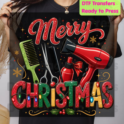 Merry Christmas Hairstylist DTF Transfers, Salon Scissors Dryer Comb Holiday Ready to Press