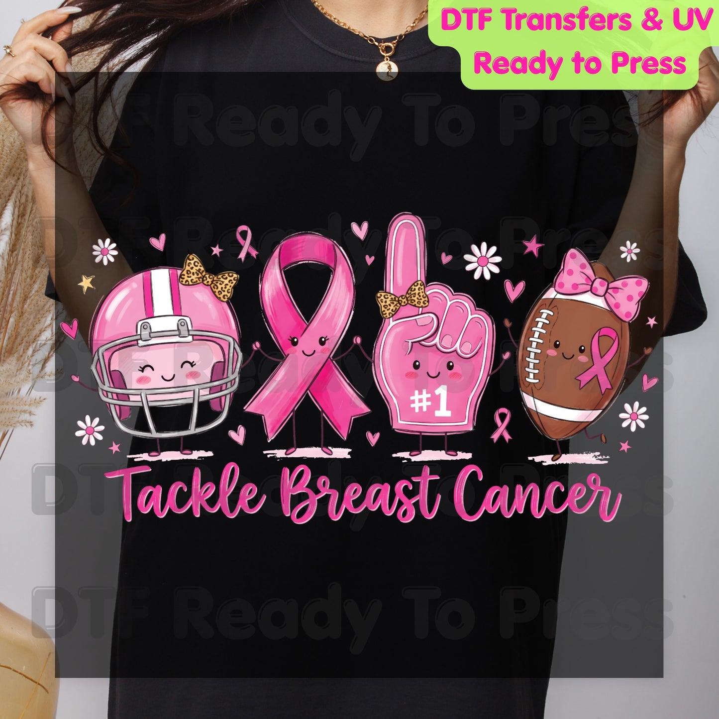 Tackle Breast Cancer Awareness DTF Transfer Ready to Press Heat Transfer Football Ribbon Tee