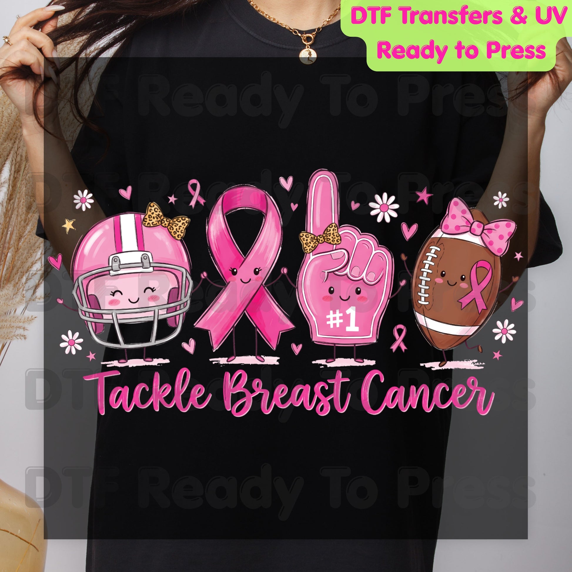 Tackle Breast Cancer Awareness DTF Transfer Ready to Press Heat Transfer Football Ribbon Tee