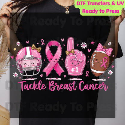 Tackle Breast Cancer Awareness DTF Transfer Ready to Press Heat Transfer Football Ribbon Tee