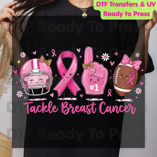 Tackle Breast Cancer Awareness DTF Transfer Ready to Press Heat Transfer Football Ribbon Tee