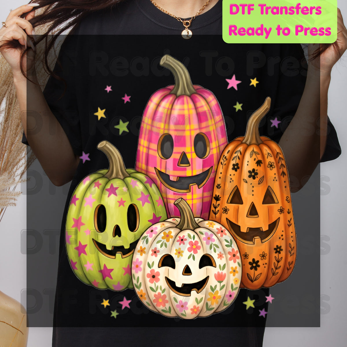 Pink Floral Pumpkin Halloween DTF Transfers, Colorful Spooky Season Ready to Press