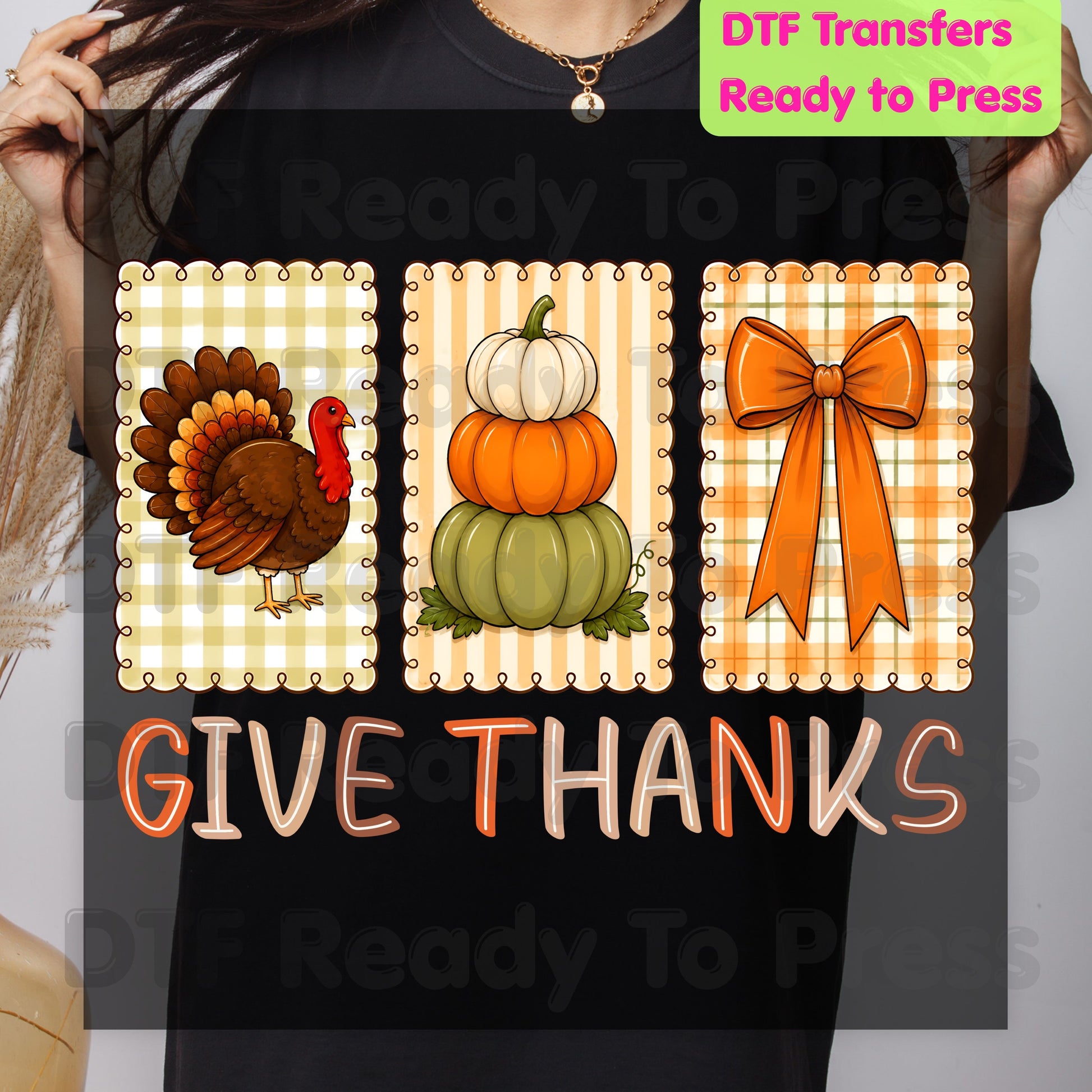 Thanksgiving DTF Transfer Ready to Press Give Thanks Turkey Stacked Pumpkins Coquette Bow Heat Transfer Shirts Autumn Clothing
