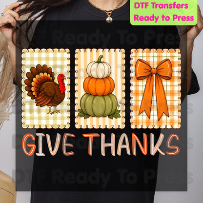 Thanksgiving DTF Transfer Ready to Press Give Thanks Turkey Stacked Pumpkins Coquette Bow Heat Transfer Shirts Autumn Clothing