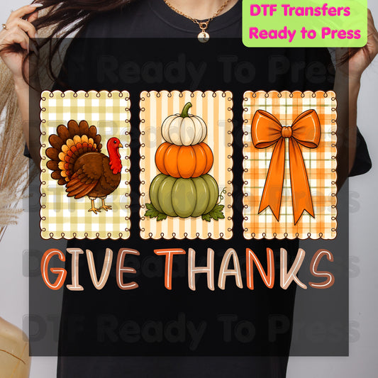 Thanksgiving DTF Transfer Ready to Press Give Thanks Turkey Stacked Pumpkins Coquette Bow Heat Transfer Shirts Autumn Clothing