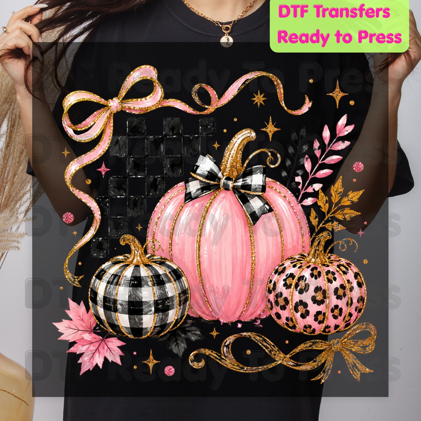 Pink Coquette Fall Pumpkin DTF Transfers, Leopard Plaid Ribbon Bow Checkered Autumn Ready to Press