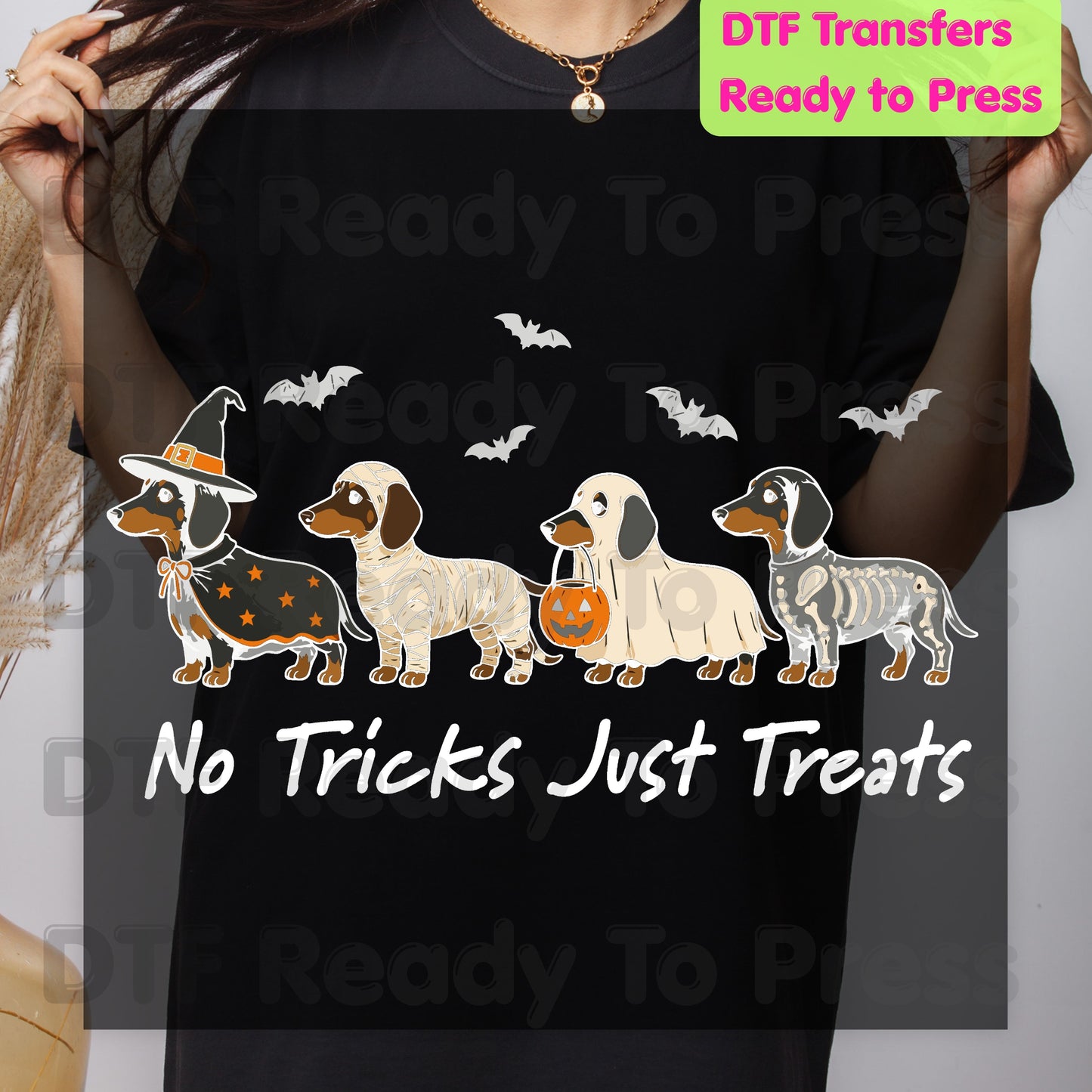 Halloween Dachshund DTF Transfer Ready to Press No Tricks Just Treats Heat Transfer For Shirts Skeleton Ghost Mummy Wiener Dog Spooky Print